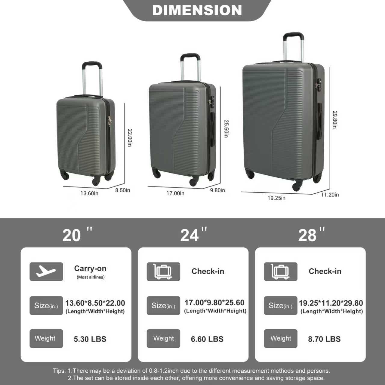3 Piece Luggage Set Hardside Expandable Suitcase with Spinner Wheels, TSA Lock, Lightweight ABS Luggage for Travel 20/24/28 Inch — view 6