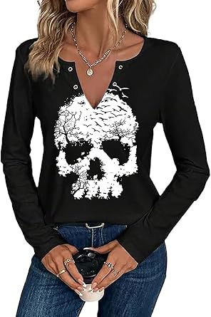 Vintage Halloween Tshirt Women Salem Witch Skull Ghost Graphic Tees Notched V Neck Long Sleeve Shirt Casual Fall Tops