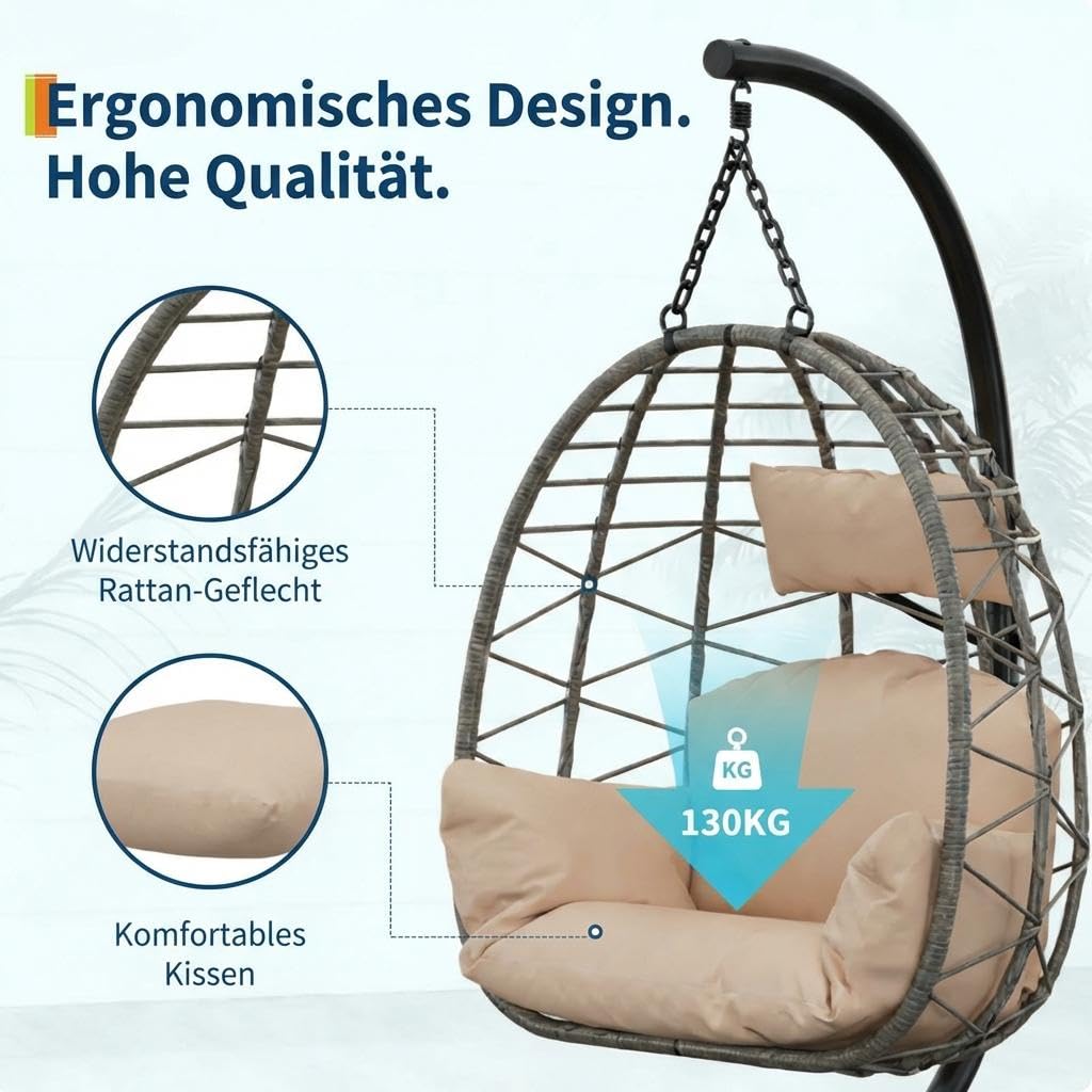 Garvee Hängesessel aus Rattan mit Metallgestell – klappbar, wetterfest, bis 150 kg belastbar, inkl. schwarzer Abdeckung – Outdoor & Indoor Ei-Schaukelstuhl für Garten, Balkon, Terrasse – Graues Rattan