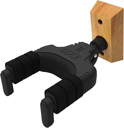 Pyle Soporte de pared para guitarra con bloqueo automático, soporte universal de gancho con base de madera dura Sapele, giro de 45 grados, cojín EVA