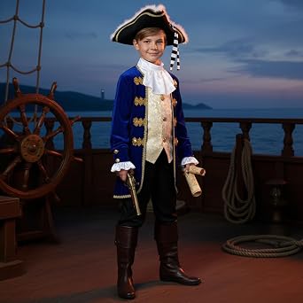 KAIPUTE Colonial Costume for Kids 18th General Captain Pirate for Boys Halloween Cosplay 3-14 Years