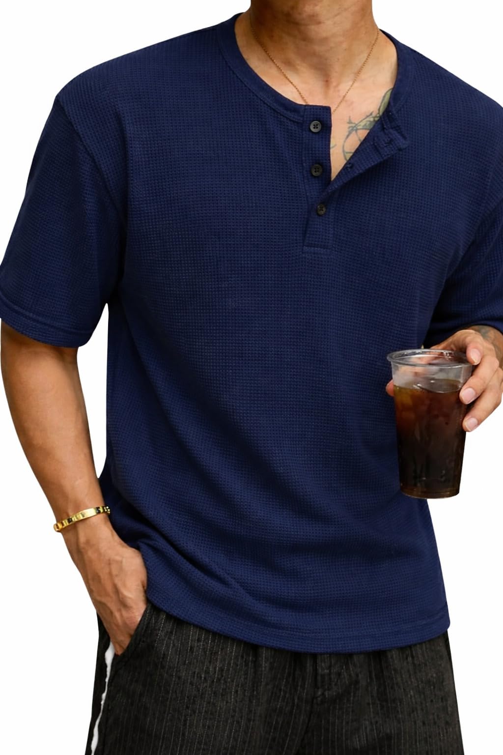 Men's Waffle Knit Henley Half Sleeve Tshirt for Men-picture-54