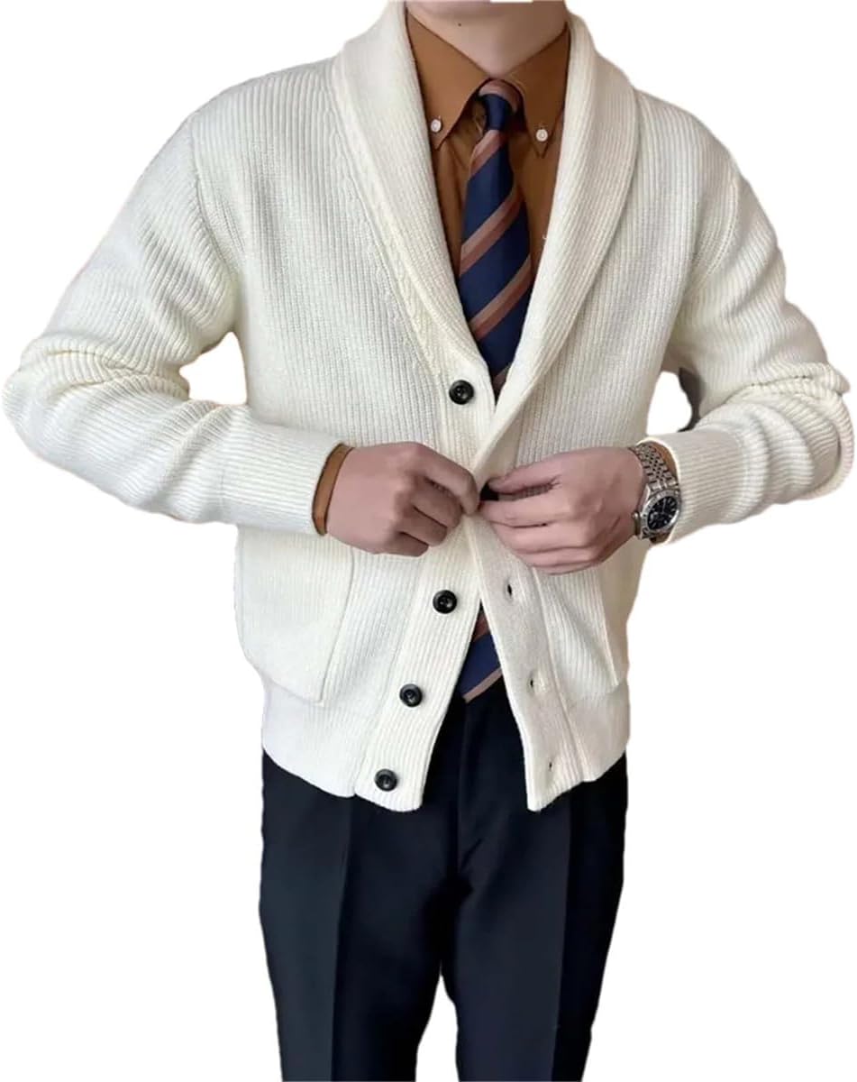 Men Button Front Shawl Collar Knit Cardigan Sweater Casual Soft Long Sleeve Knitwear with Pockets