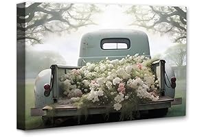 Vintage Farmhouse Wall Art - Tranquil Sage Green Truck and Flowers