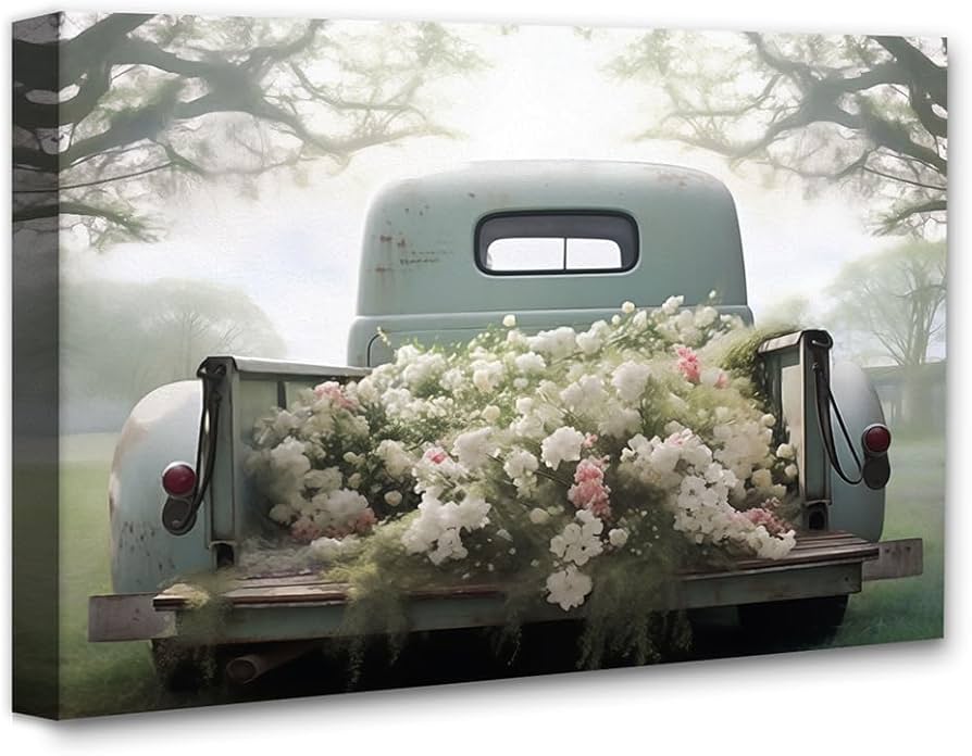 Amazon.com: Sage Green Truck and Flowers 16x20 Stretched Canvas