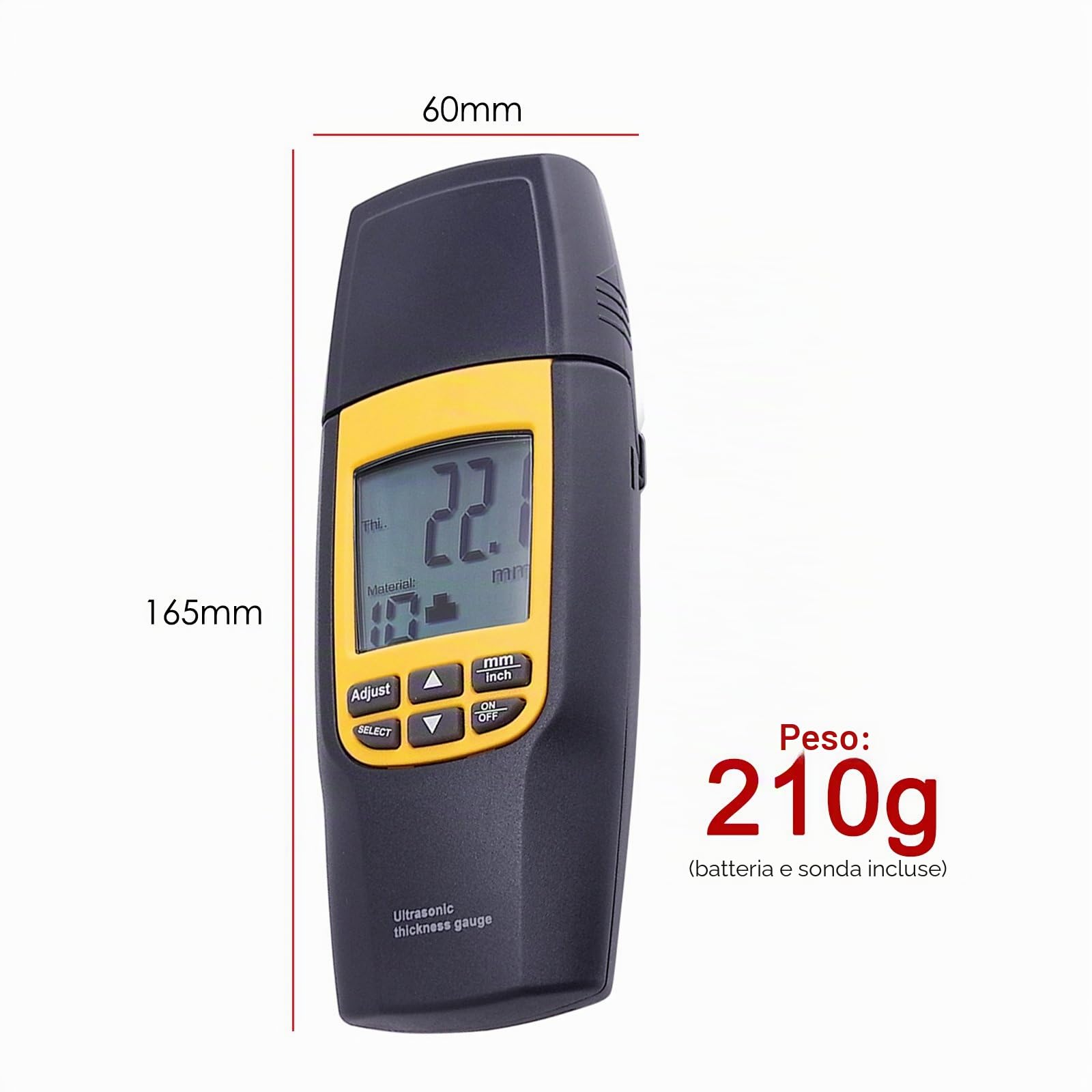 GAIN EXPRESS Misuratore di Spessore Ad Ultrasuoni Tester Misuratore di Misura 1.2~220 Mm velocità LCD Digitale in Alluminio Rame Ferro Vetro Plastica Piastrella Ottone Oro Argento Zinco