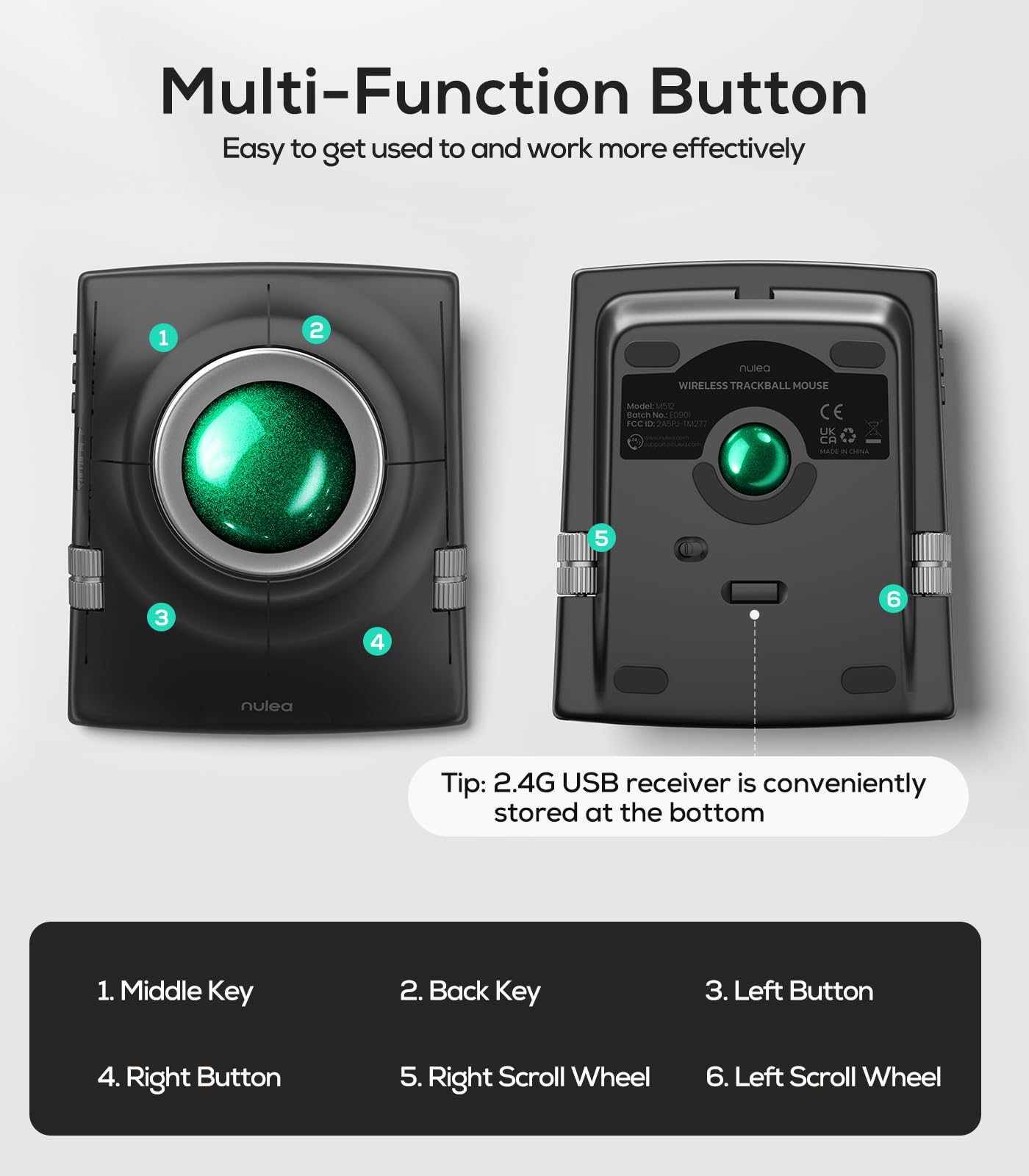 Nulea M512 kabellose Trackball-Maus, ergonomischer 55-mm-Trackball, einstellbare DPI für präzise Steuerung, kompatibel mit Links- oder Rechtshänder, wiederaufladbar, Multi-Device Bluetooth & 2,4 GHz