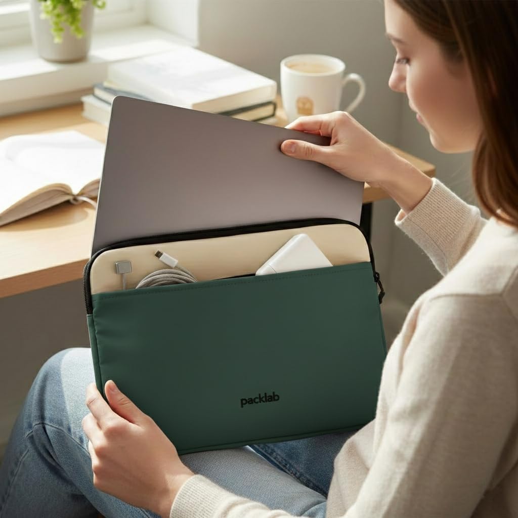 Cream and Green Laptop Sleeve with Front Pocket – Slim Padded 14 Inch Laptop Case – Minimal Computer Sleeve for Work, Travel & Everyday Carry