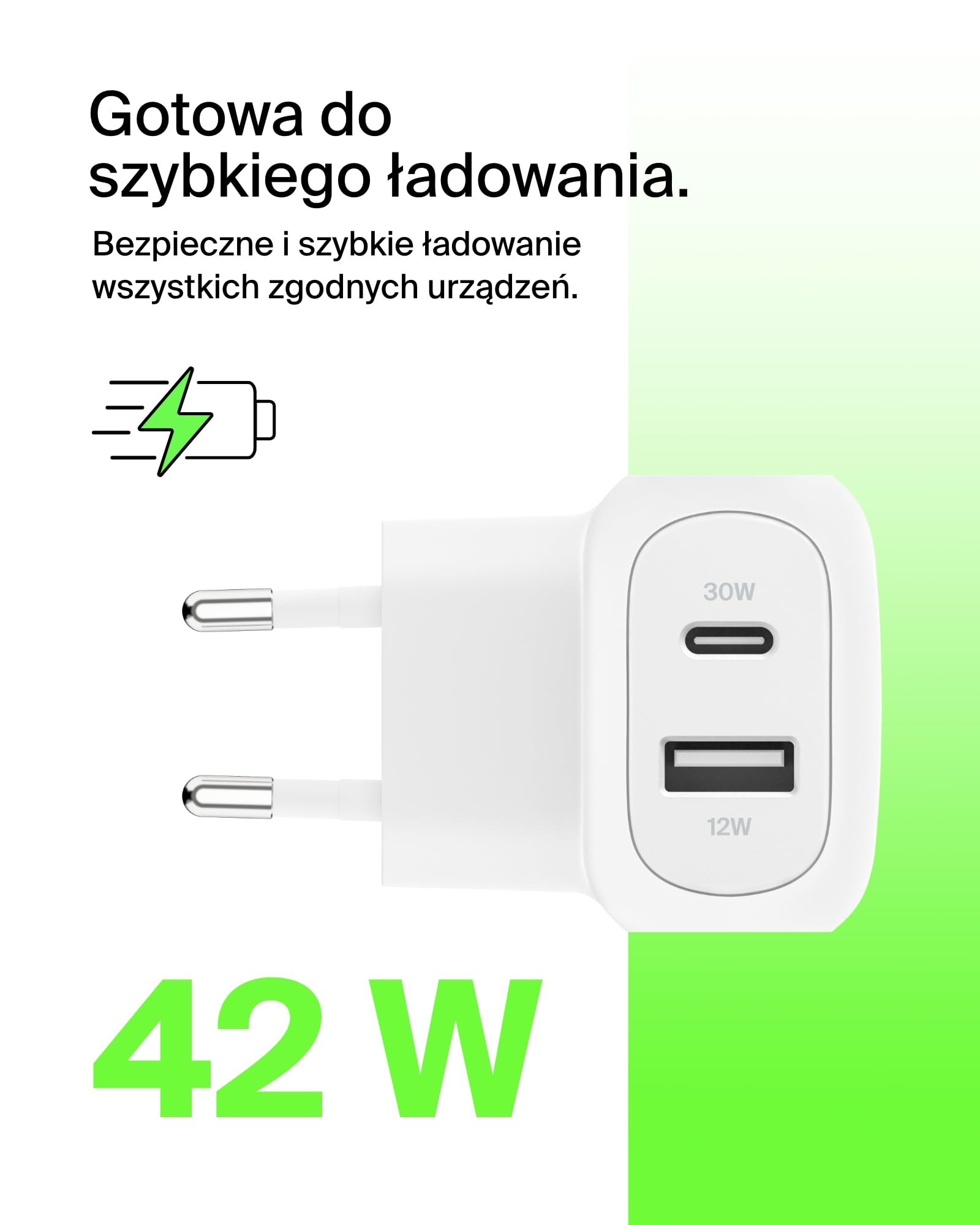 Belkin BoostCharge ładowarka USB 42 W z 2 portami, ładowarka USB C + USB-A; szybkie ładowanie do iPhone 16, 16 Plus, 16 Pro, 16 Pro Max, 15, 14, 13, Galaxy S24, S23, Plus, Ultra, iPad, AirPods, biała