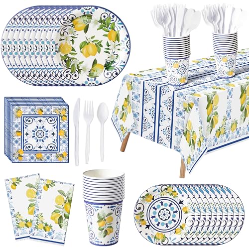 G1ngtar 170Pcs Capri Lemon Party Supplies - Blue Tiles Yellow Lemon Party Tableware Decorations Summer Citrus Fruit Disposable Paper Plate Cup Tablecloth Napkin for Kid Birthday Baby Shower, Serves 24