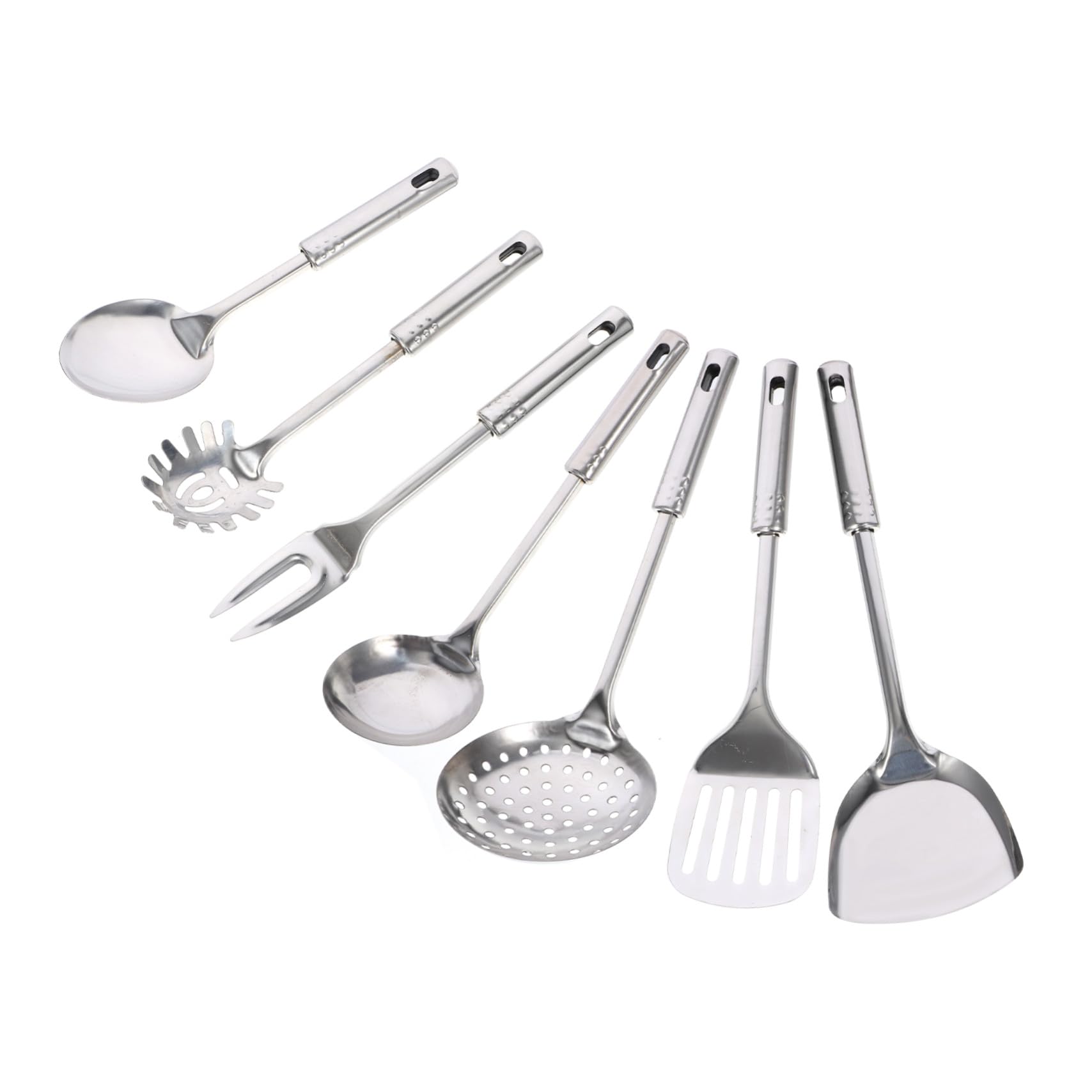 7 pezzi Utensili da Cucina in Acciaio Scolapasta Mestolo Forchetta per Carne e Paletta Wok Resistente e Durevole per Uso Professionale