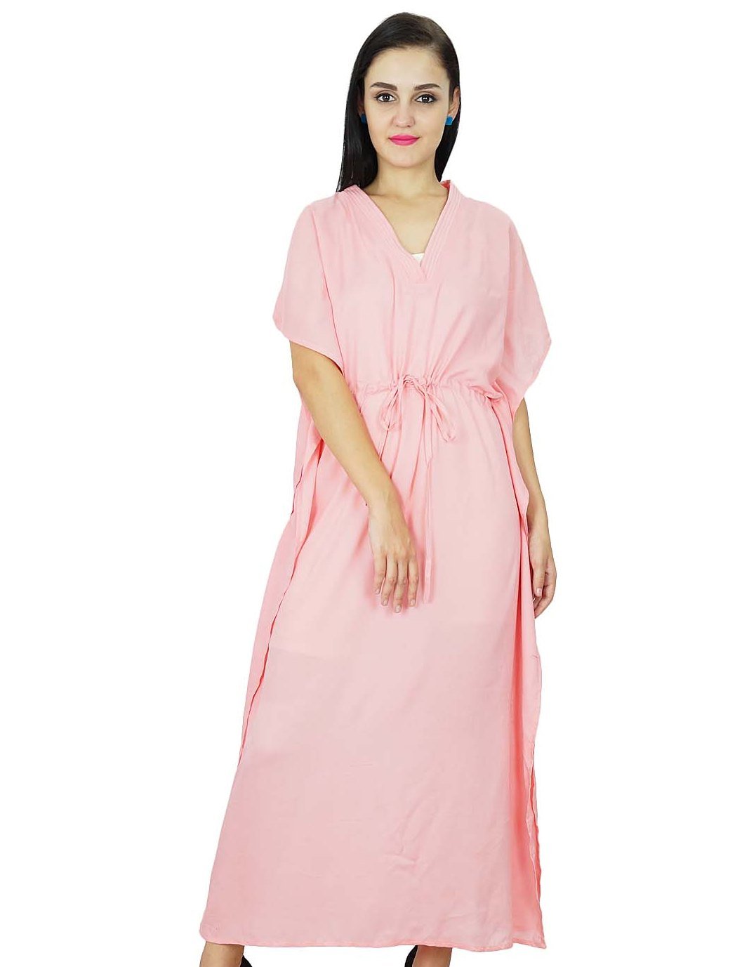 Bimba Women's Pink Solid Long Kaftan Dress For Kimono Sleeves Soft Cotton Beach Cover Up Caftan