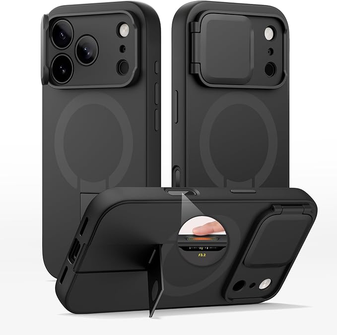 SURITCH for iPhone 17 Pro Case with Camera Control Cover, Camera Cover and Adjustable Kickstand, Compatible with MagSafe, Shockproof Bumper Protective Cases 6.3 Inch, Black