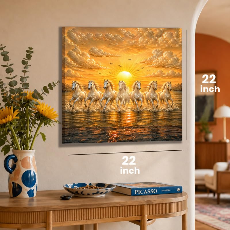 Image of PAINTINGMANTRA 7 White Running Horses Canvas Wall Art Painting For Living Room|Seven Running Horses Vastu Stretched Canvas Painting For Bed Room, Home & Office, 22x22 Inch