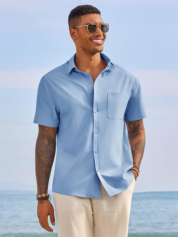 Runcati Mens Button Down Shirts Short Sleeve Casual Dress Shirt Light Blue by Runcati - Used condition - Image 2