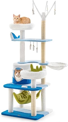 Tangkula Árbol para gatos con temática oceánica, torre para gatos de varios niveles con postes rascadores de sisal, condominio, perca, hamaca,