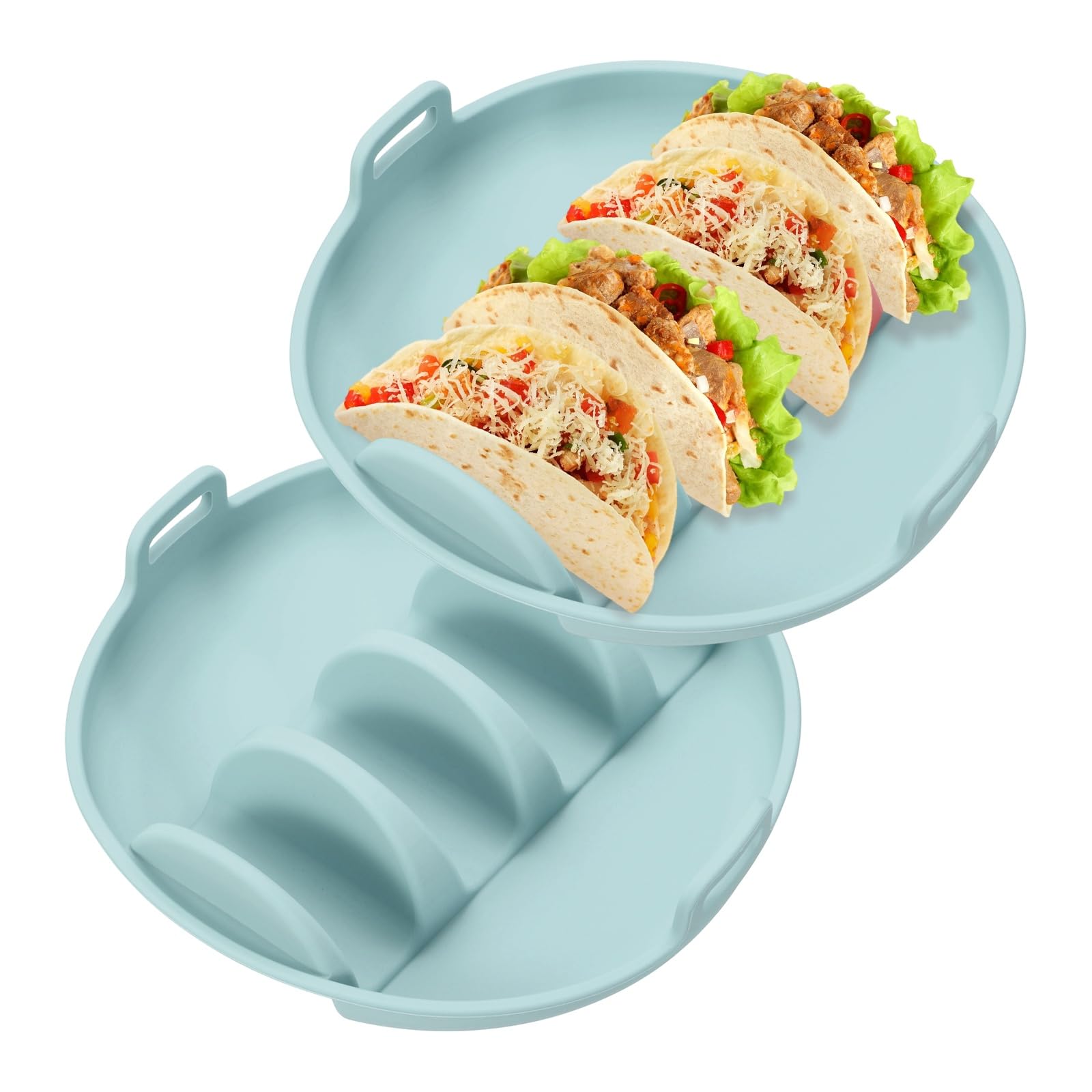 Muiltvoe 2 Pcs Taco Holder, Silicone Taco Plates with Dividers Reusable Serving Tray Plates with Handle for Party Dishwasher & Microwave Safe, (Pink/Light Blue)