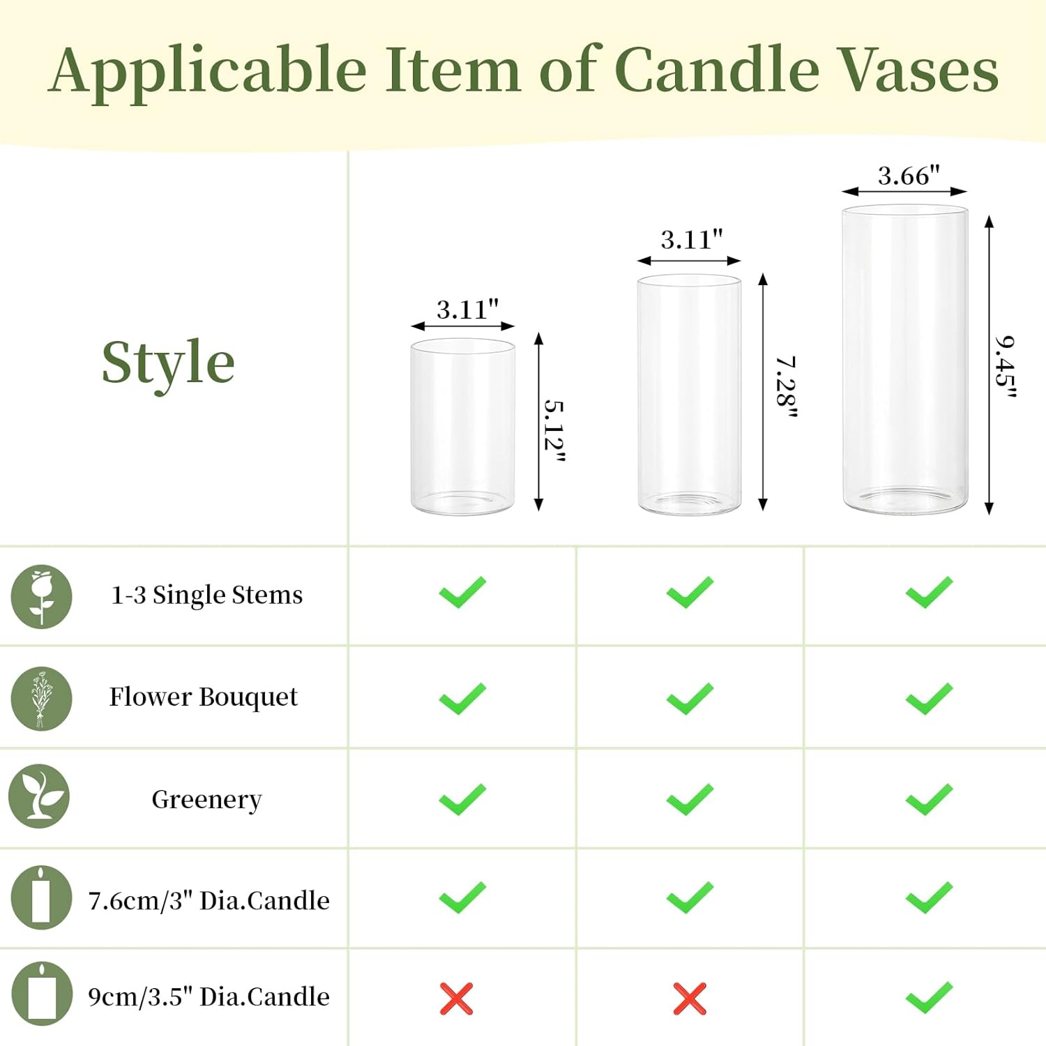 Glasseam Hurricane Glass Candle Holders: 3 Pcs Clear Cylinder Vases for Centerpieces Large Pillar Candle Holder for Floating Candles Modern Home Decor Wedding Table 5.3'' 7.3'' 9.5'' Height - Image 6