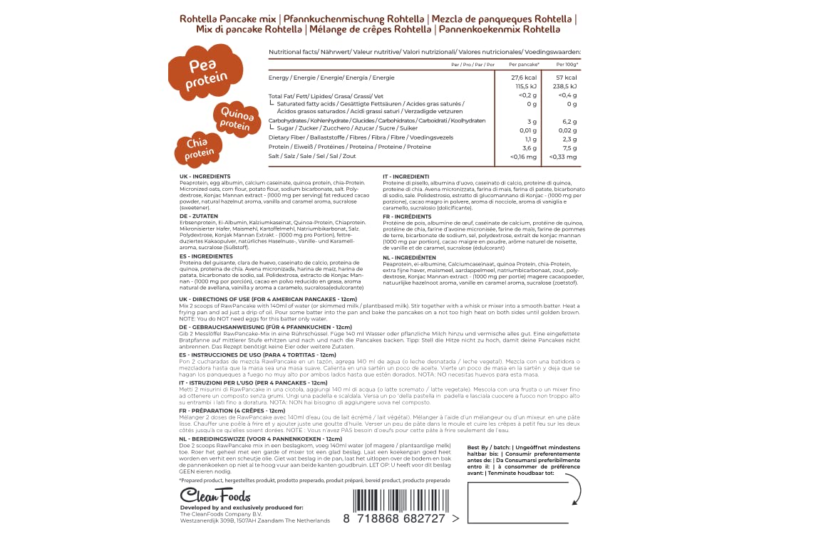 Cleanfoods 28 Kalorien Pfannkuchen l Pancake l Schokolade Haselnuss l 425 g l 32 Pfannkuchen l 28 Kalorien/Pfannkuchen l Konjac/Glucomannan-Konjak l Zubereitung in 2 Minuten