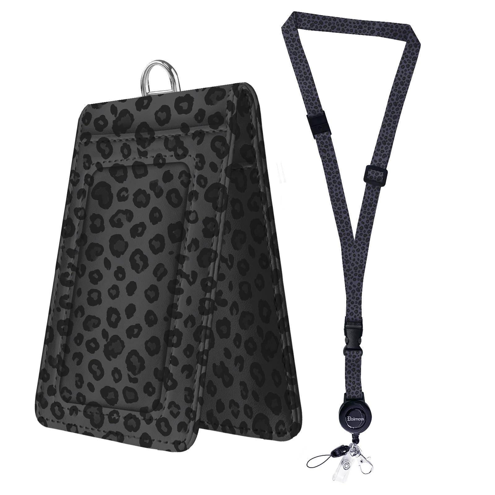 Bolimoss Leopard Print ID Badge Holder with Double Sided Windows, Breakaway Neck Lanyards with Quick Release Buckles, PU Leather Badge Card Holder with Retractable Reel Adjustable Lanyard for Teacher — image 1
