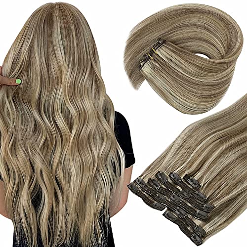 Sunny Clip in Hair Extensions Highlighted 14 inch Human Hair Clip in Extensions Blonde Highlights Thick Piano Color Light Brown Mixed Medium Blonde Clip on 7pcs 120 gram