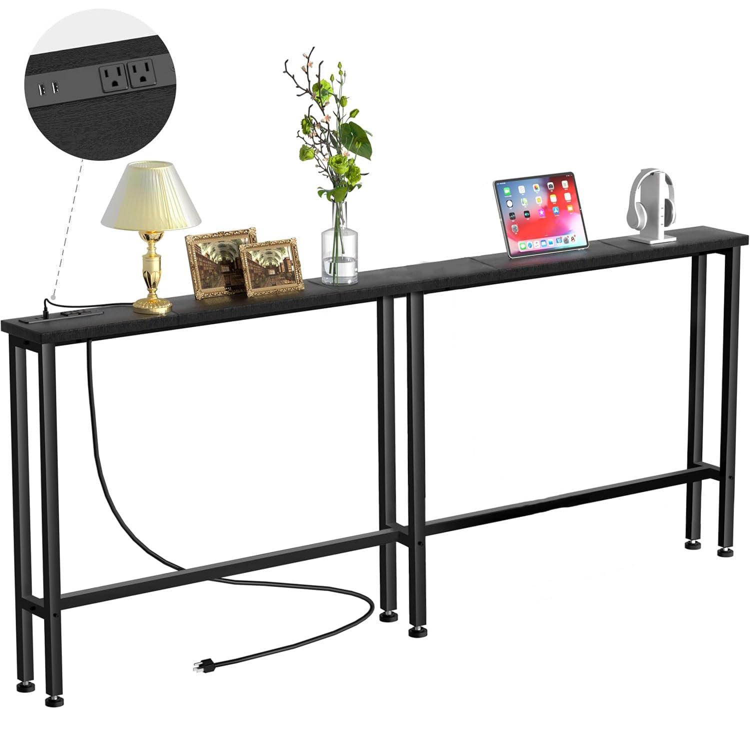 Photo 1 of Keelian 78" Narrow Console Sofa Table with Power Outlets & 2 USB Ports, Metal Frame, Black, Perfect for Hallway, Office, and Behind Sofa - Easy Assembly, 4.9' Extension Cord Included