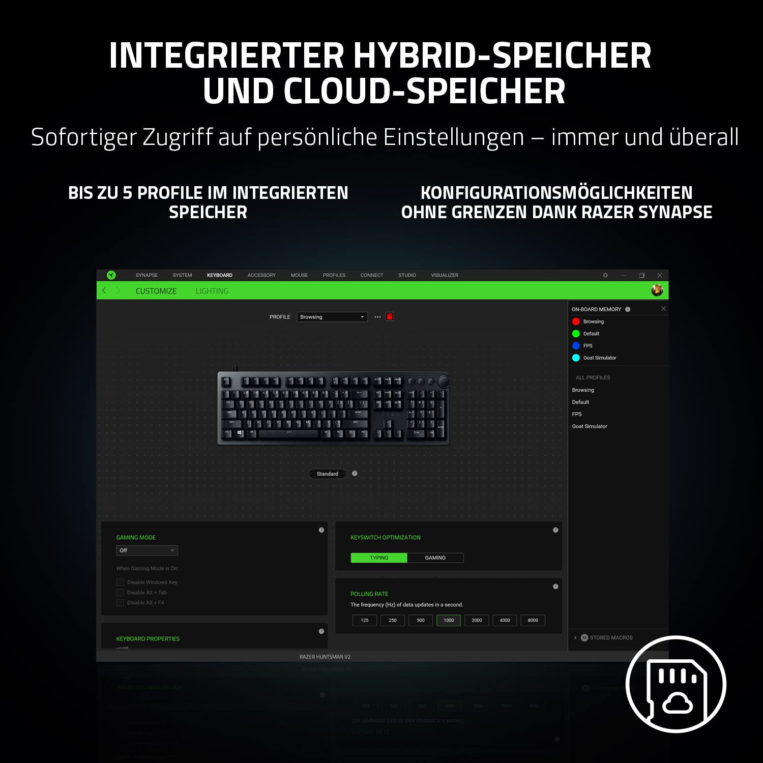 Razer Huntsman V2 (Purple Switch) – praktyczna optyczna klawiatura do gier bez opóźnień (podpórka pod nadgarstek, 4 przyciski medialne, nakładki na klawisze Doubleshot PBT), układ QWERTZ DE, czarna