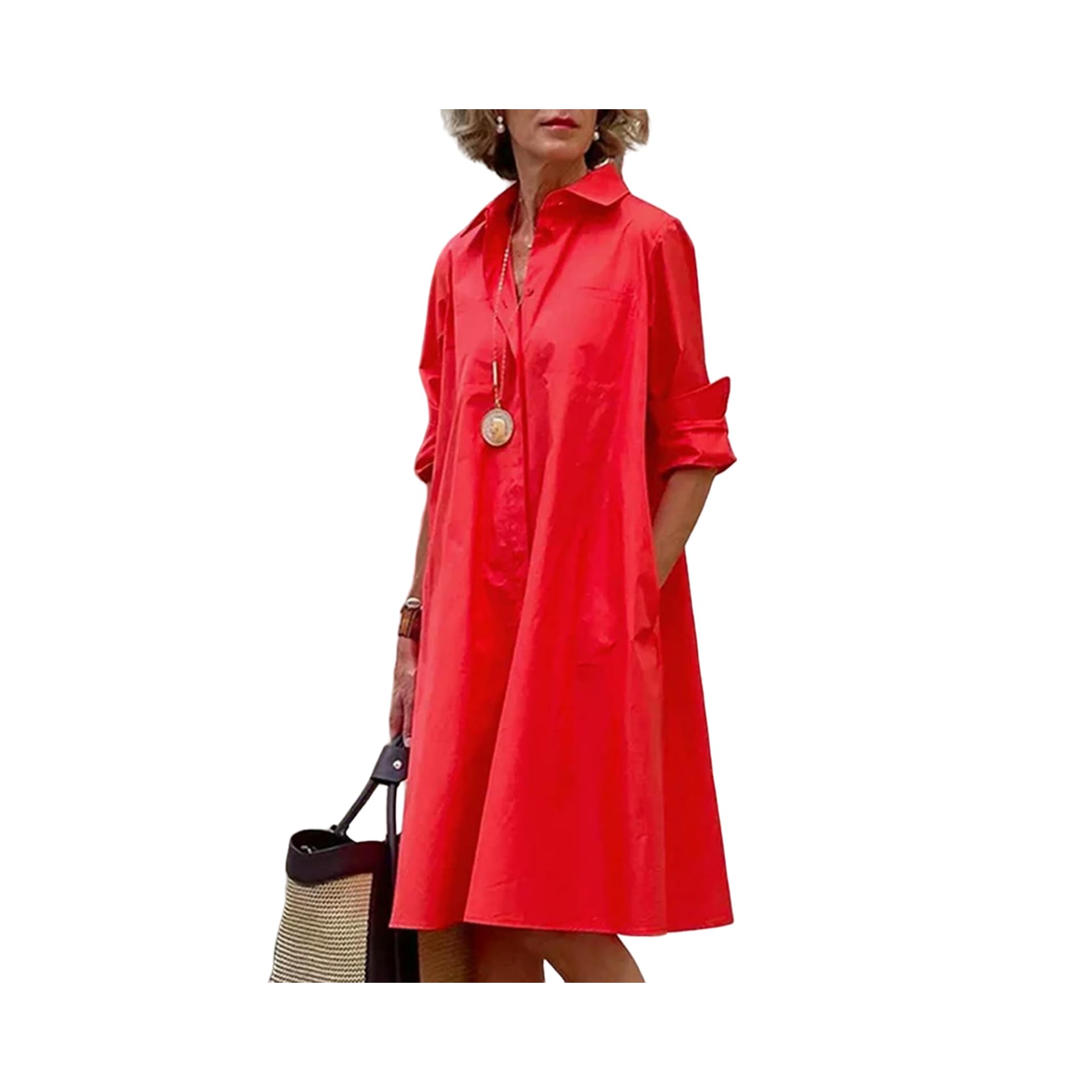 FRESQA Vestido Camisero Liso para Mujer, Moda de Verano, Informal, con Cuello Vuelto y Bolsillo, Vestidos por Debajo de la Rodilla de Manga Larga, Vestidos Sexis de Lunares para Mujer