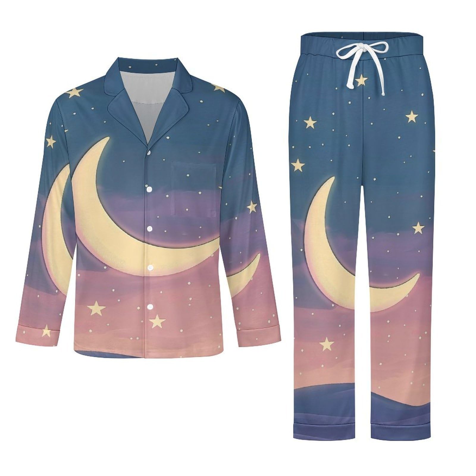 Pigiama Blu Uomo Cotone Primavera Luna della Sera Pigiama da Notte con Bottoni Pigiami Due Pezzi Maniche Lunghe Camicia e Pantaloni con Tasche