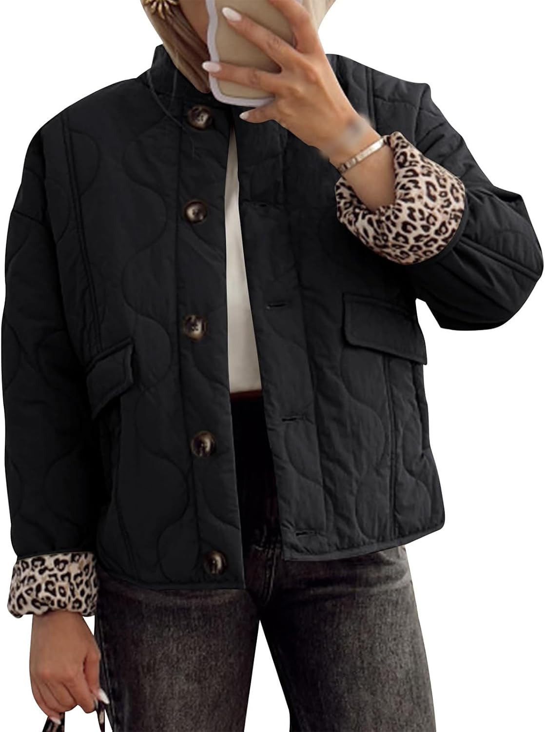 Quilted Jackets for Women Button Down Leopard Long Sleeve Puffer Jacket Winter Vintage Lightweight Coat with Pockets