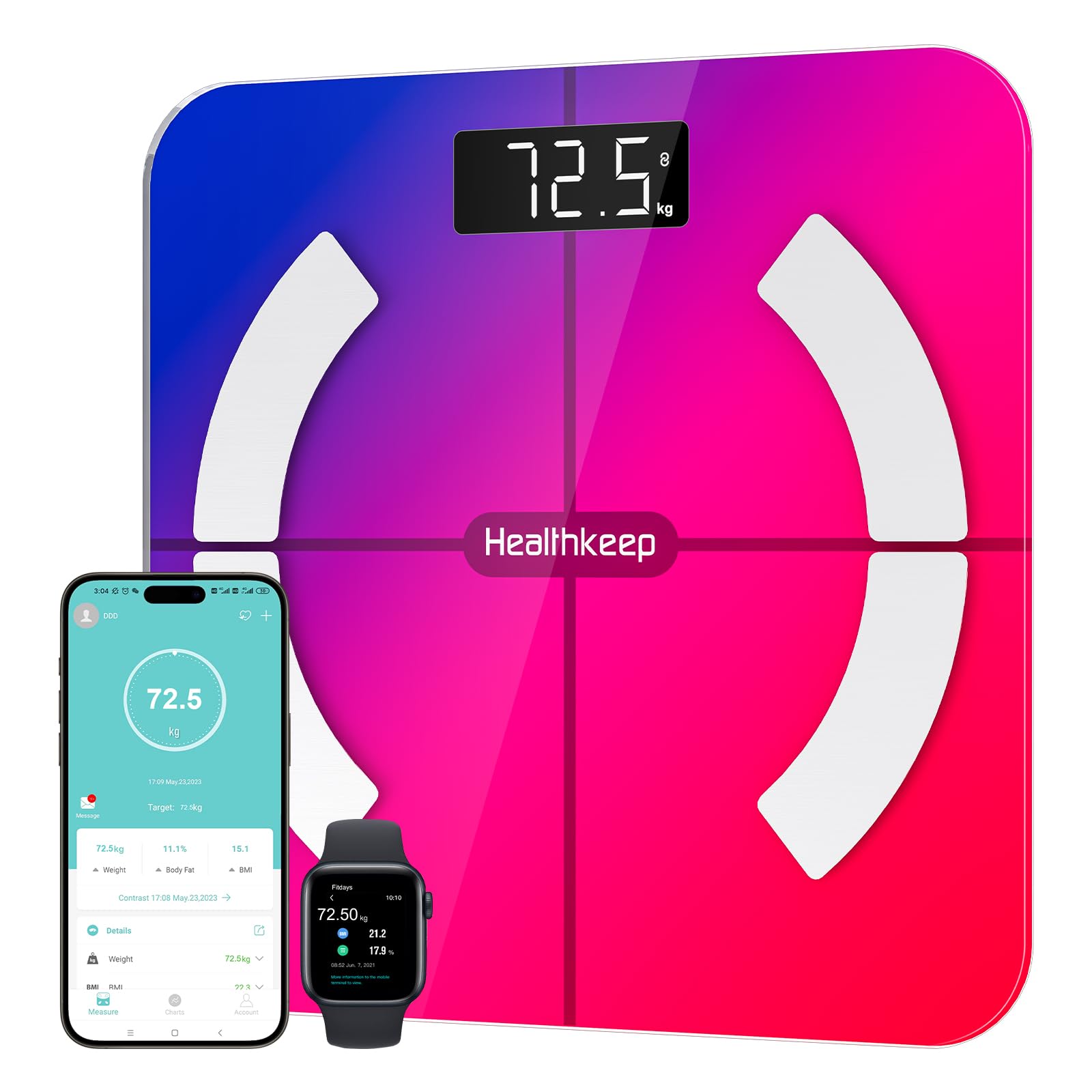Bilancia pesata persona, Healthkeep Bilancia Impedenzimetro Bluetooth connessa ad alta precisione con App 13 indicatori per Andriod e iOS Max 180kg/400lb/28st, 28 x 28 cm, multicolore