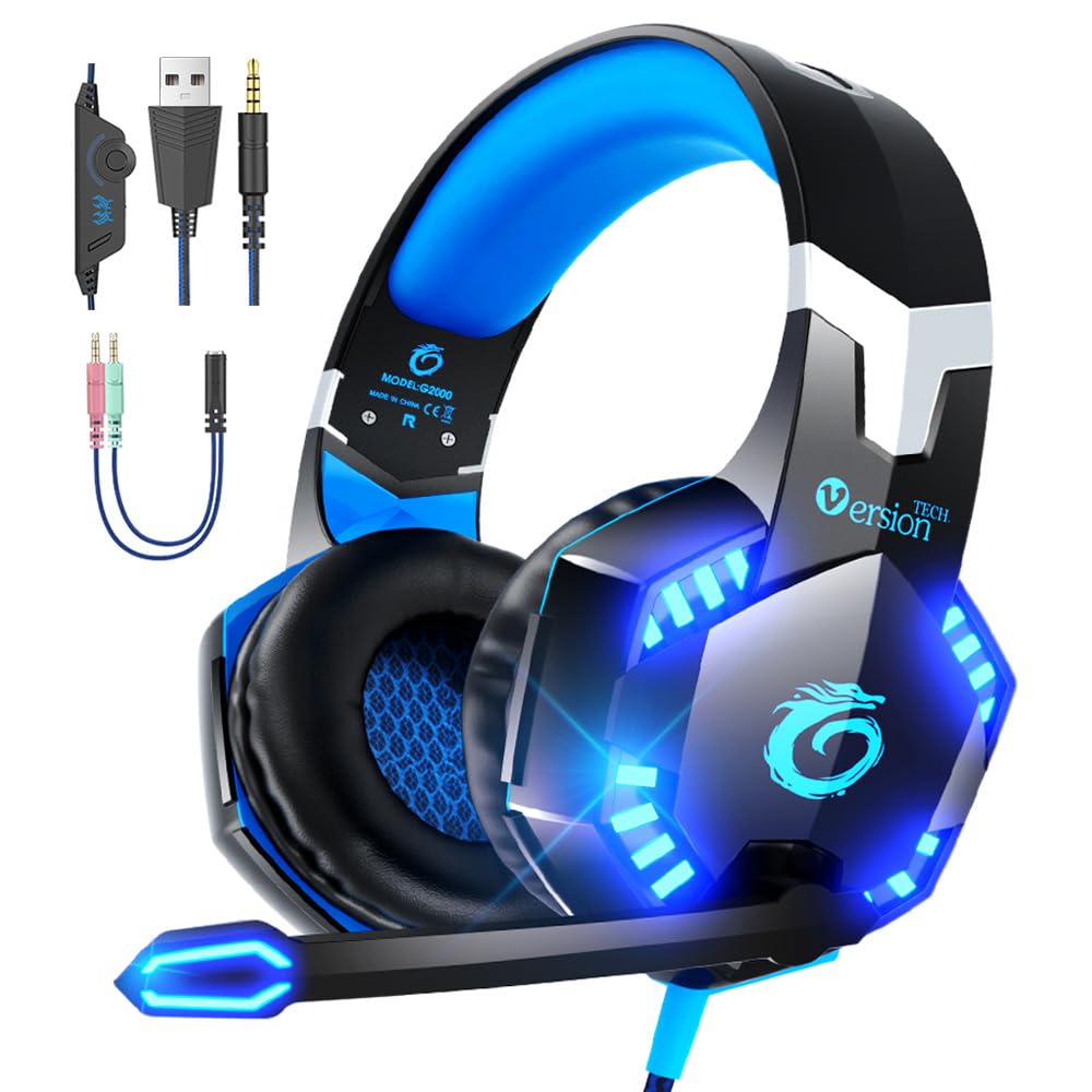 VersionTECH. Gaming Headset PS4 Headset with High Precision Mic Noise Cancelling Wired Headphones Sealed Enhanced Bass Mute 50mm Driver USB 3.5mm LED Light Lightweight Gaming PS5 Switch Xbox One FPS
