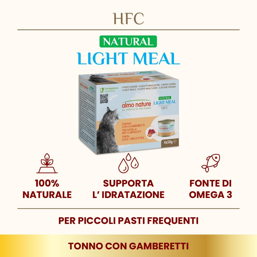 Almo Nature HFC Light Meal Per Gatti - Tonno E Gamberetti, 4 X 50g, Made In Italy