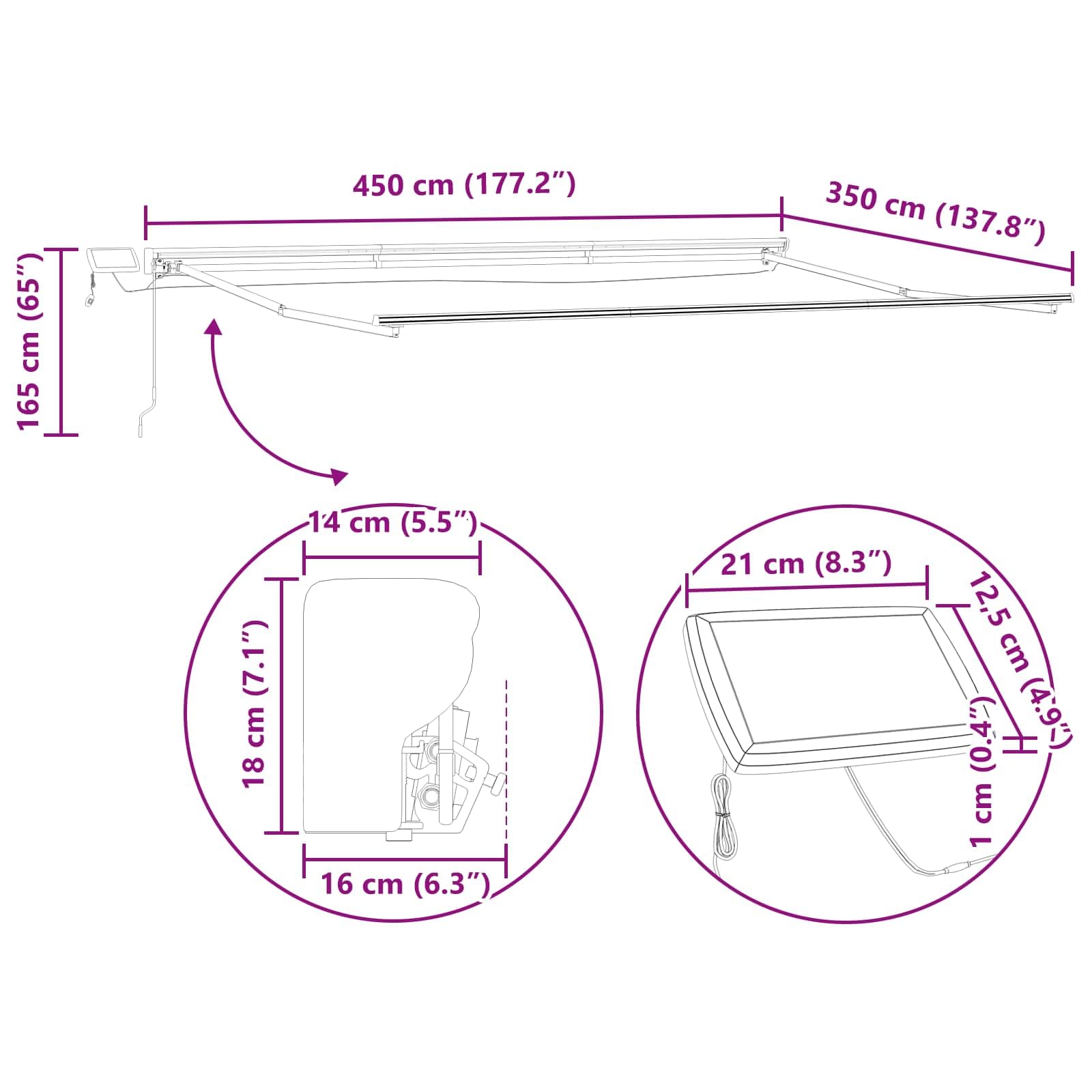 Ręczna rama markizy z diodami LED, 4,5 x 3,5 m, odporna na warunki atmosferyczne, wysuwana z korbą, odporna na promieniowanie UV, idealna do ogrodu, na taras, balkon i na zewnątrz