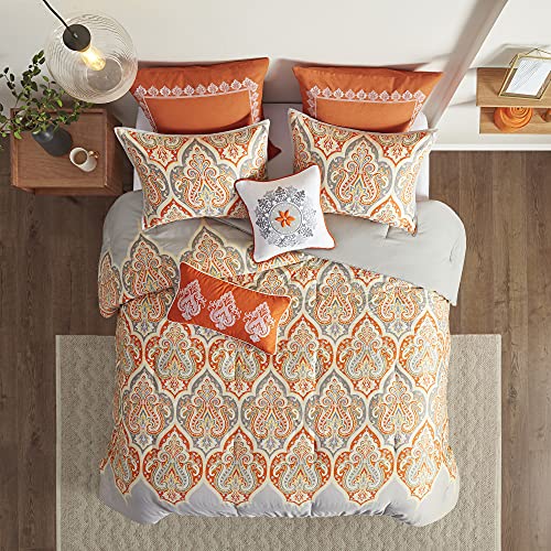 Madison Park Nisha Sateen Cotton Comforter Set, Breathable, Soft Cover, Trendy, All Season Down Alternative Cozy Bedding with Matching Shams, King/ California King, Orange 7 Piece