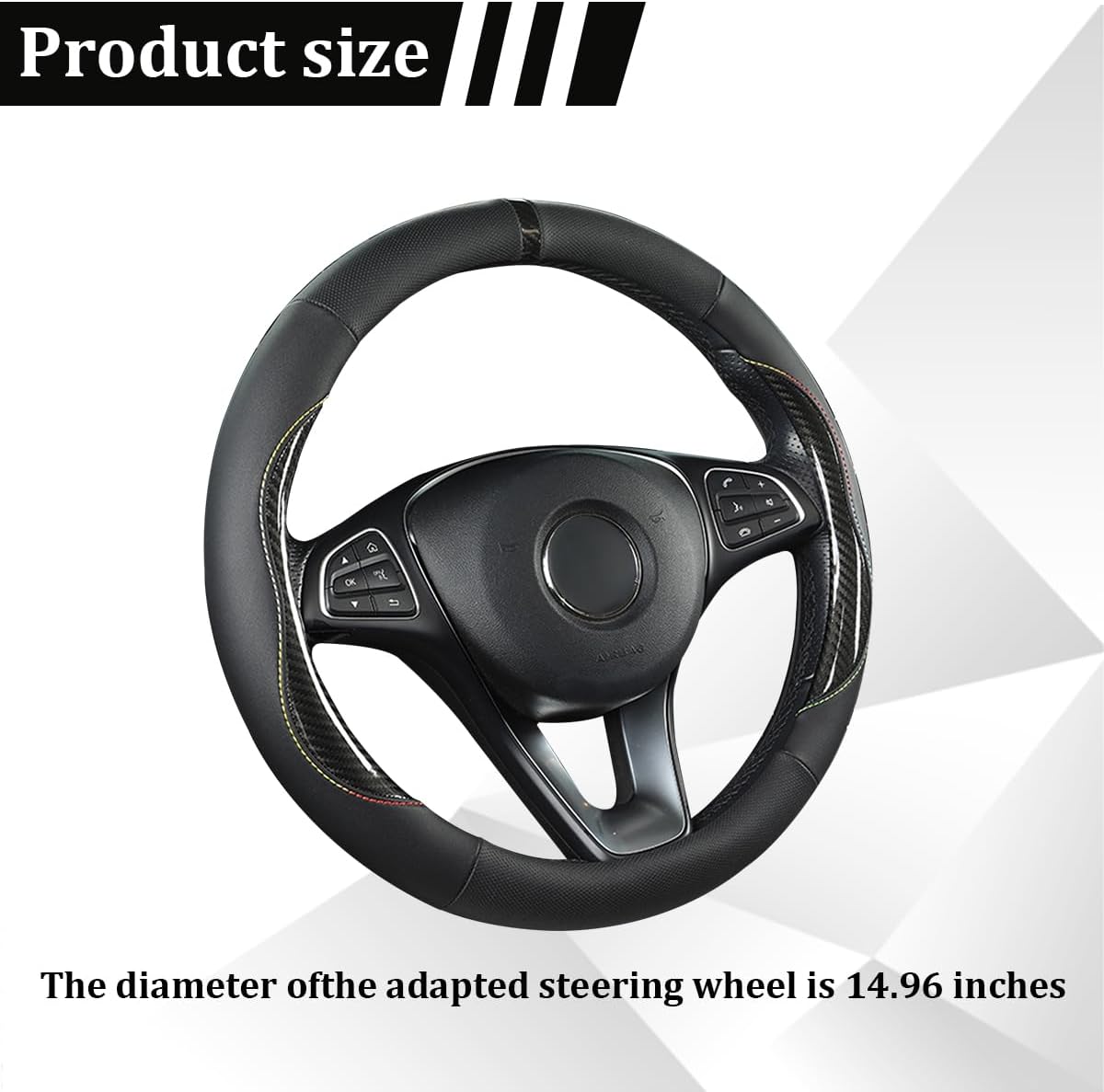 Car Steering Wheel Cover, 14.5-15" Carbon Fiber Leather Non-Slip Steering Wheel Protector, Sporty Breathable Auto Interior Decoration Accessories, Universal for Van Truck RV (Black)