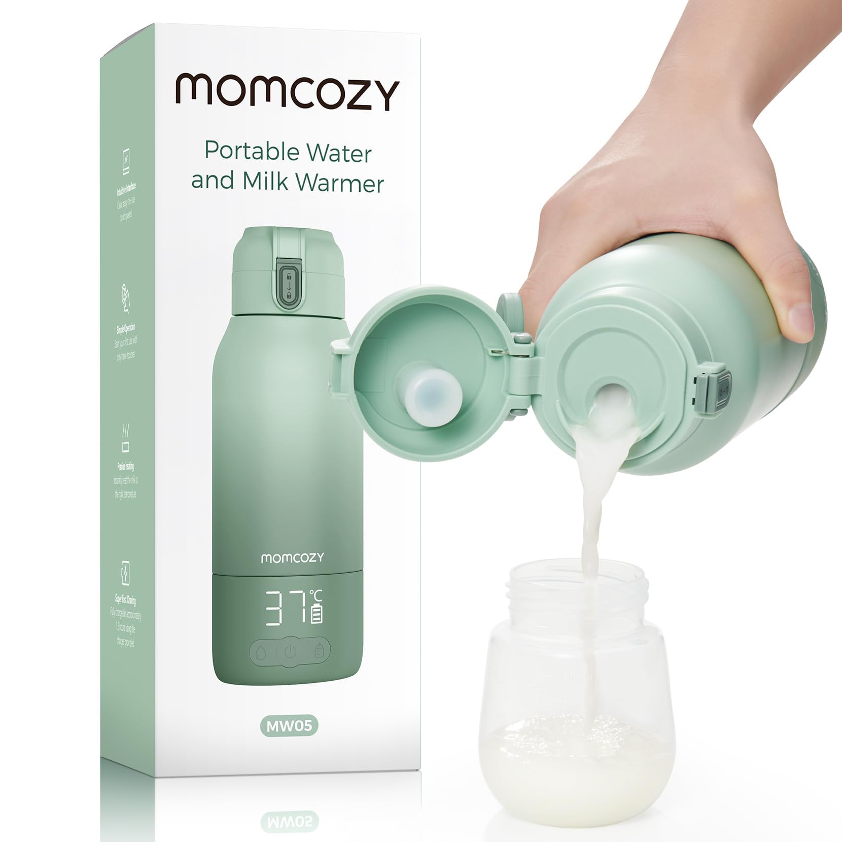 Momcozy MW05 przenośny podgrzewacz do butelek dla niemowląt, pojemność 500 ml + 24 x użycie/akumulator, z certyfikatem TÜV-CE, szybkie nagrzewanie w 3 minuty, zielony