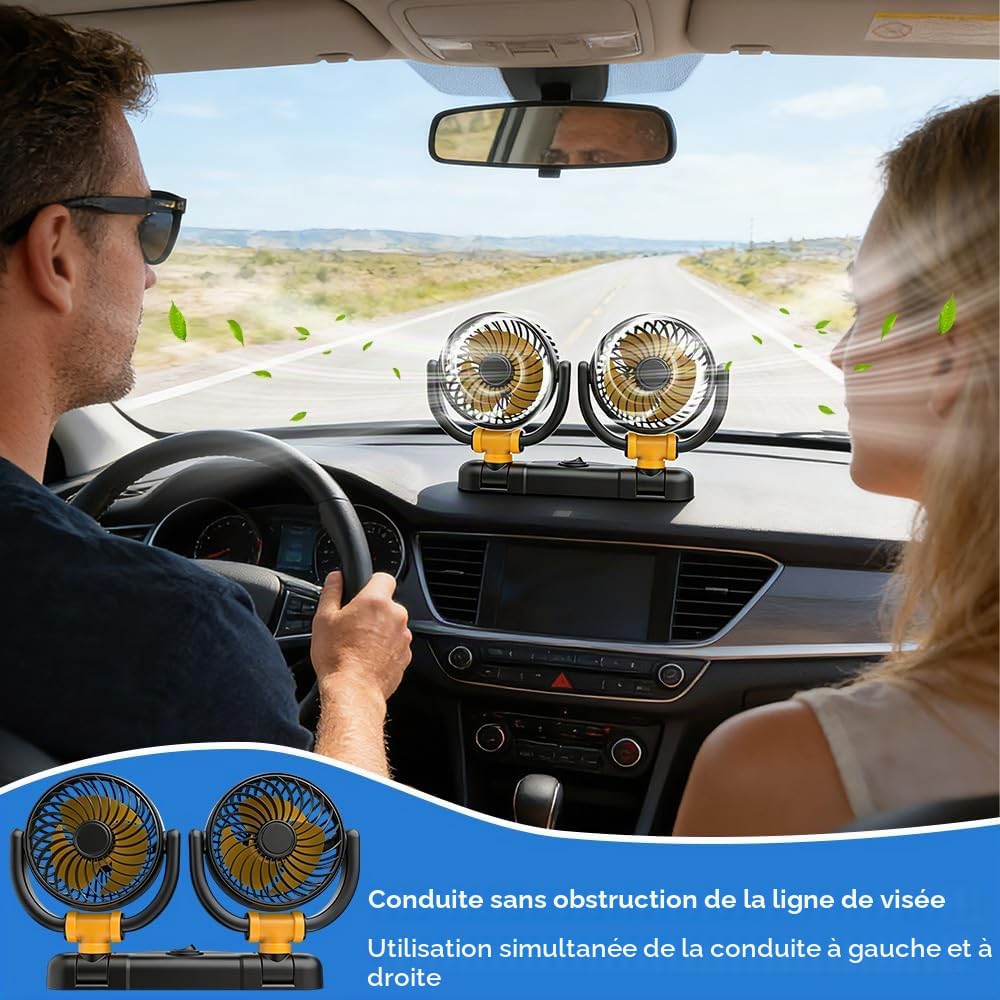Ventilateur de voiture 12 V avec ventouse rotative à 360 °, ventilateur de voiture avec allume-cigare, puissant et silencieux pour camion, SUV, camping-car