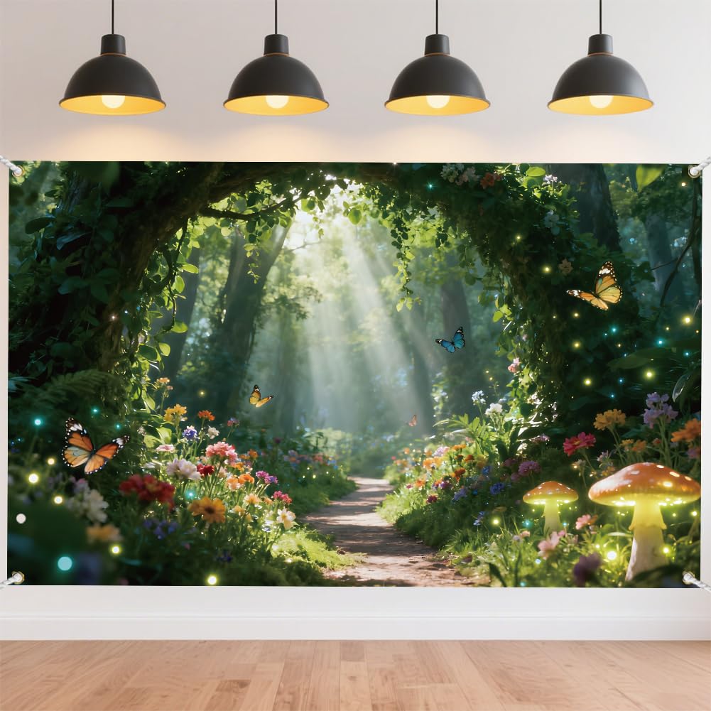 CRAFTYMELODY Enchanted Forest Backdrop 72×44 Inch Fairy Garden Banner Backdrop Wonderland Spring Wall Banner Photo Booth with Grommets 3.2 Yard String for Birthday Party Decoration Supplies