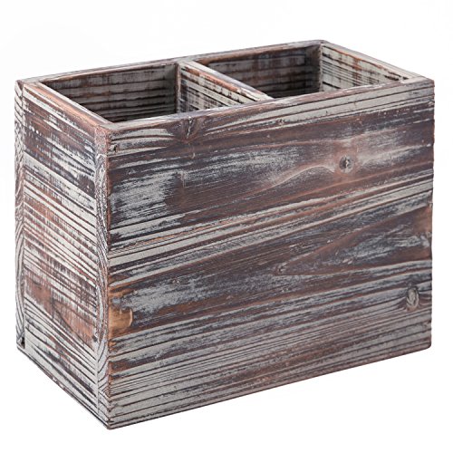Mygift Torched Wood Kitchen Utensil Holder Organizer, Countertop Flatware Silverware Cooking Utensil Crock Storage Caddy With 2 Compartments #TOP3