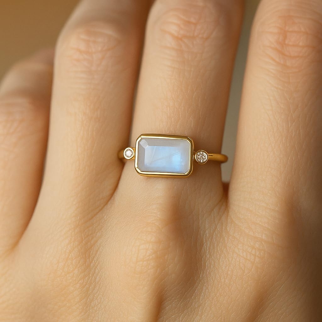 Rectangle Moonstone Ring for Women 14k Yellow Gold Dainty Minimalist Ring with Diamond Accents June Birthstone Jewelry Gift