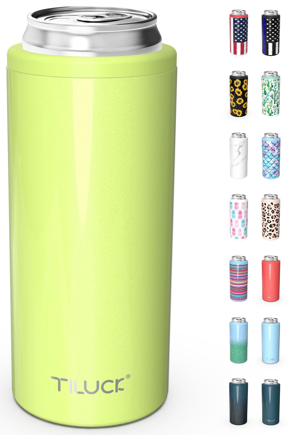 TILUCK Skinny Can Cooler for Slim Beer & Hard Seltzer, Stainless Steel, Doucle-Walled Stainless Steel Insulated Slim Cans, Standard 12 oz (Lime)
