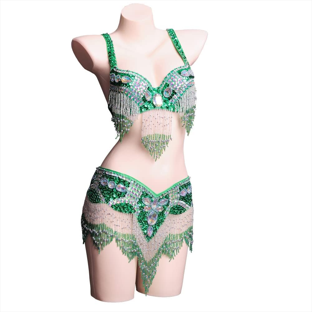 JRUIA Belly Dance Competition Costume Women's Halloween Clothing Tribal Belly Performance Dresses Belly Bra and Belt Set