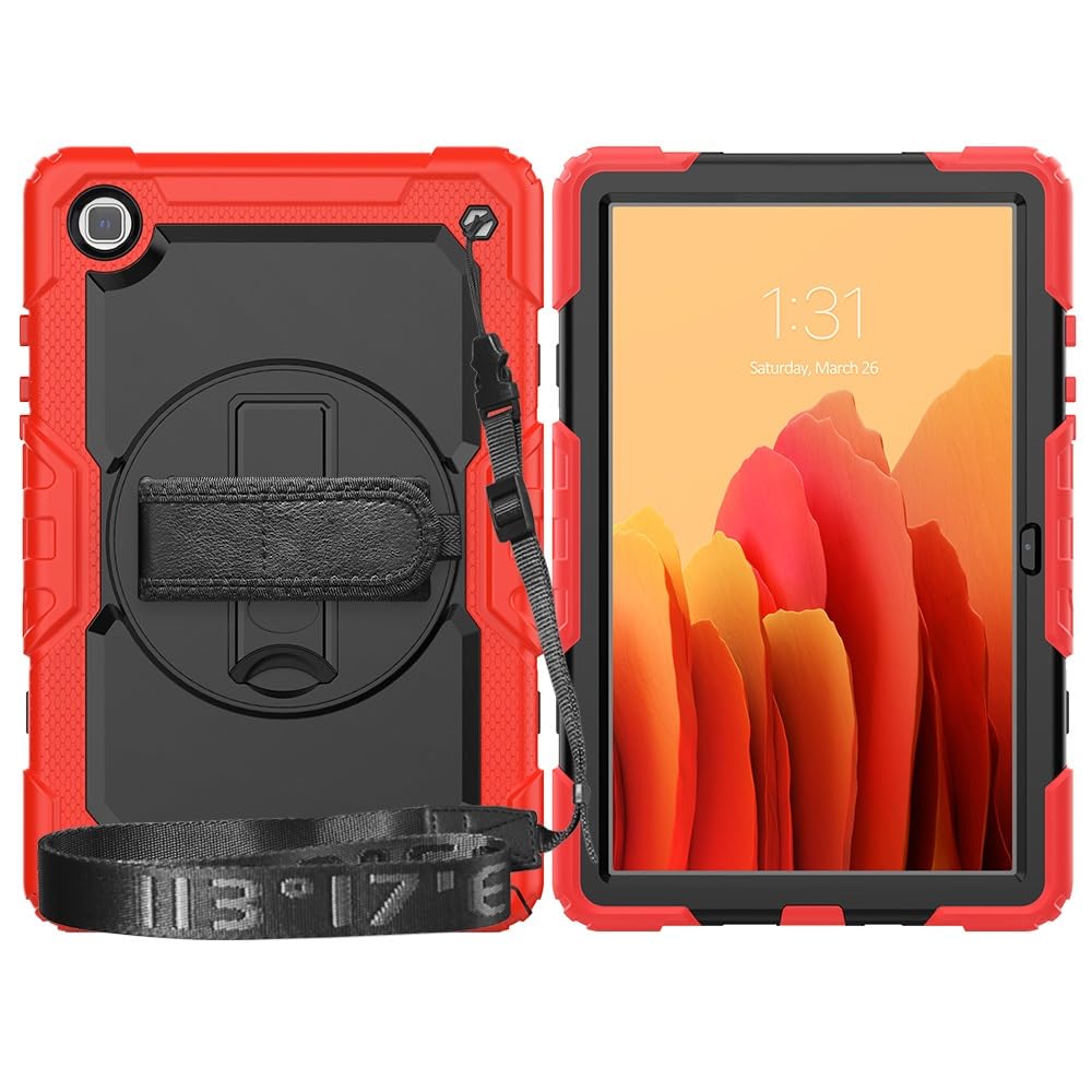 Kompatybilny z Samsung Galaxy Tab A7 10,4 cala SM-T500/T505 (2020) Etui folią ochronną ekranu, [podpórka] [pasek na ramię] Odporna wstrząsy wytrzymała obudowa 360° obrotowy pasek rękę i ramię(Rosso)