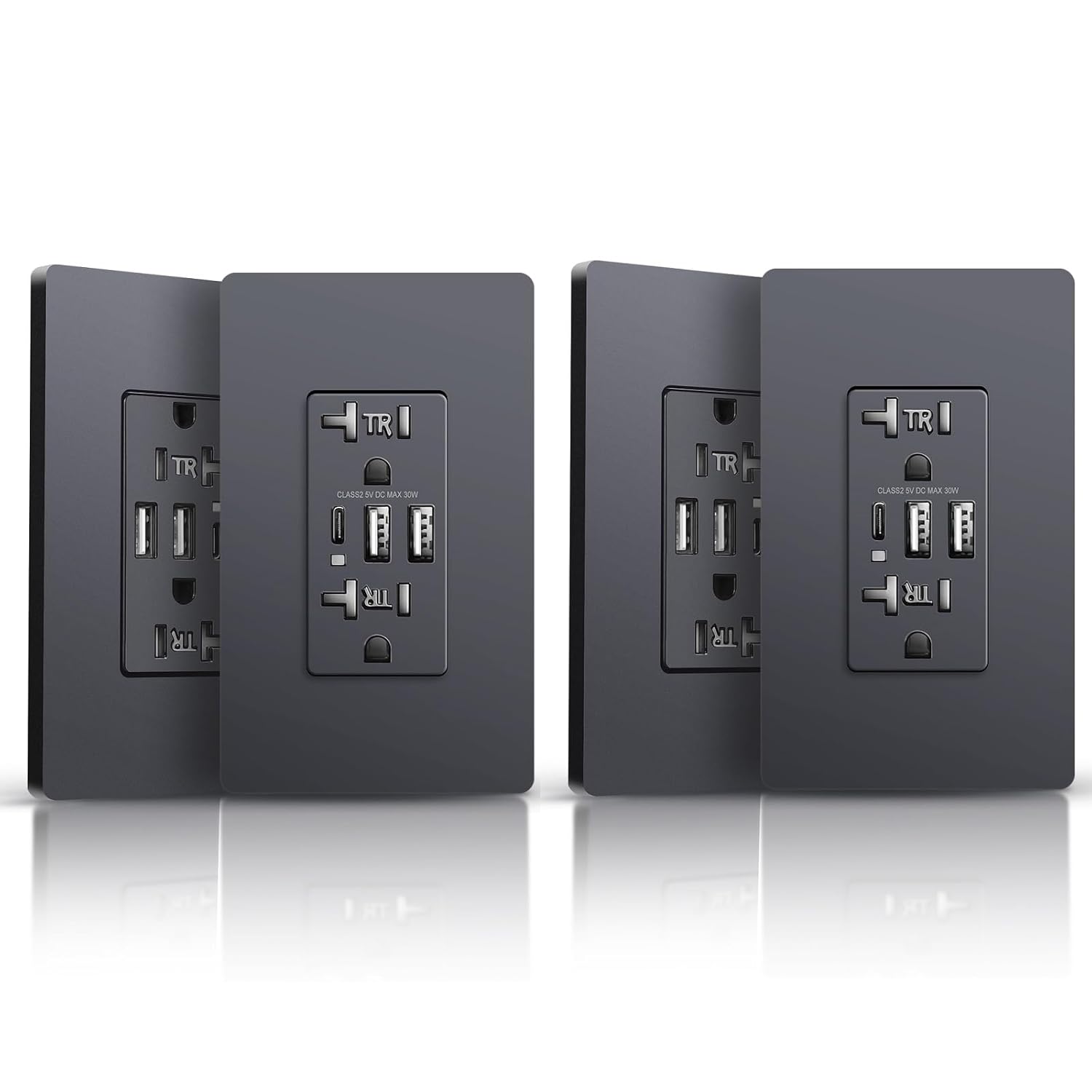 USB Wall Outlet, 6.0A Electrical Outlets Receptacles, 30W Tamper-Resistant Outlet Charge with 2 USB C Ports, Screwless Wall Plate Included, UL Listed, 20Amp, 4Pack, Black