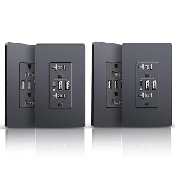 USB Wall Outlet, 6.0A Electrical Outlets Receptacles, 30W Tamper-Resistant Outlet Charge with 2 USB C Ports, Screwless Wall Plate Included, UL Listed, 20Amp, 4Pack, Black