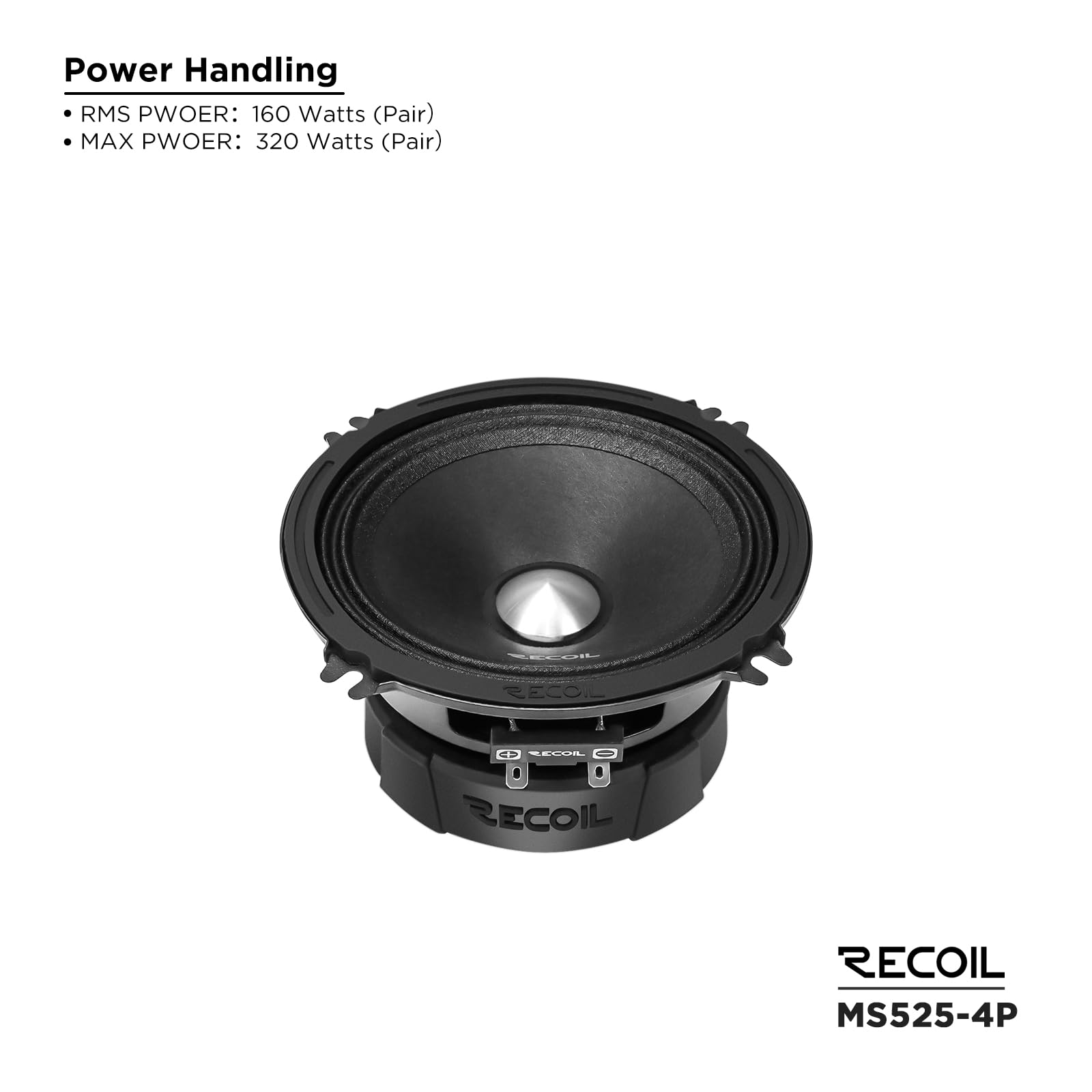 RECOIL MS525-4P Haut-parleurs Médium Voiture Pro Audio 13cm (5.25") | 320W Max, 160W RMS, 4 Ohms, Bobine Kapton 2,5cm, Aimant Ferrite – Paire
