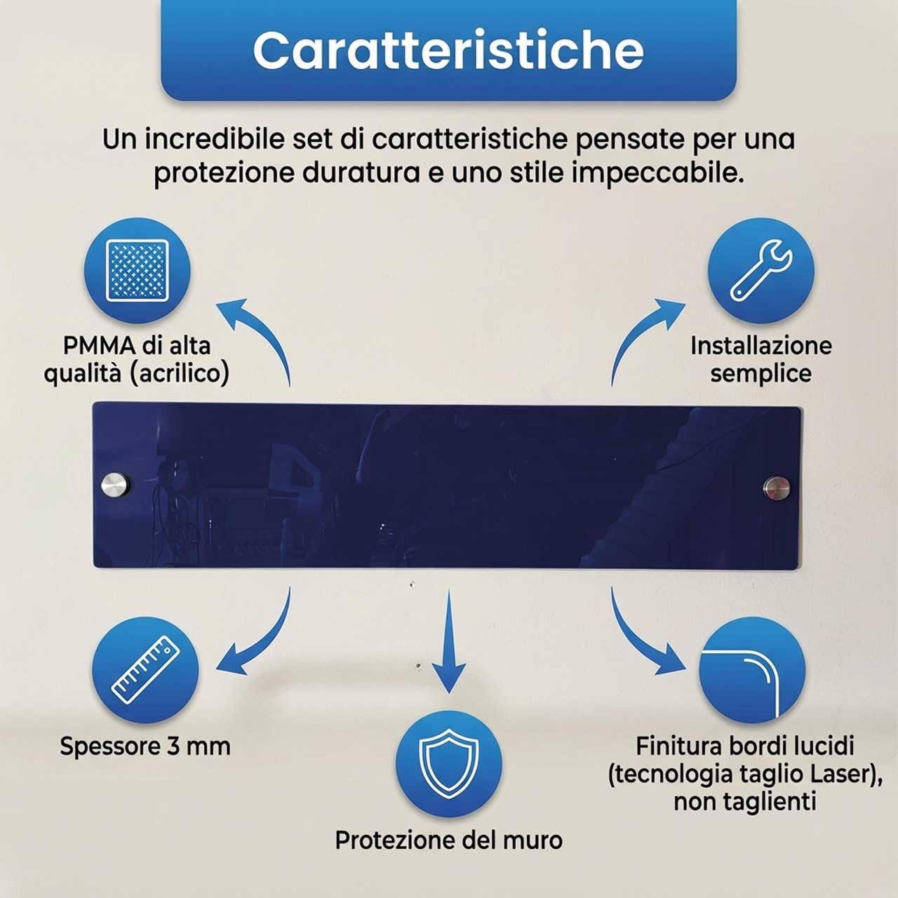 Bande de chaise bleue en acrylique 60 x 14 cm – Protection murale anti-rayures pour chaise, porte-chaise rigide 3 mm, pour chaises de salle d'attente, bureaux et maison (4, 60 x 12)