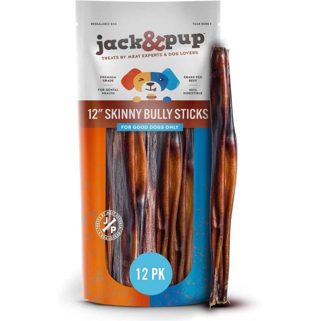 Jack&Pup 12 Inch Skinny Bully Sticks for Small Dogs, Seniors (12 Pack) Thin Bully Stick Dog Chew, 100% Beef Bully Sticks for Puppies