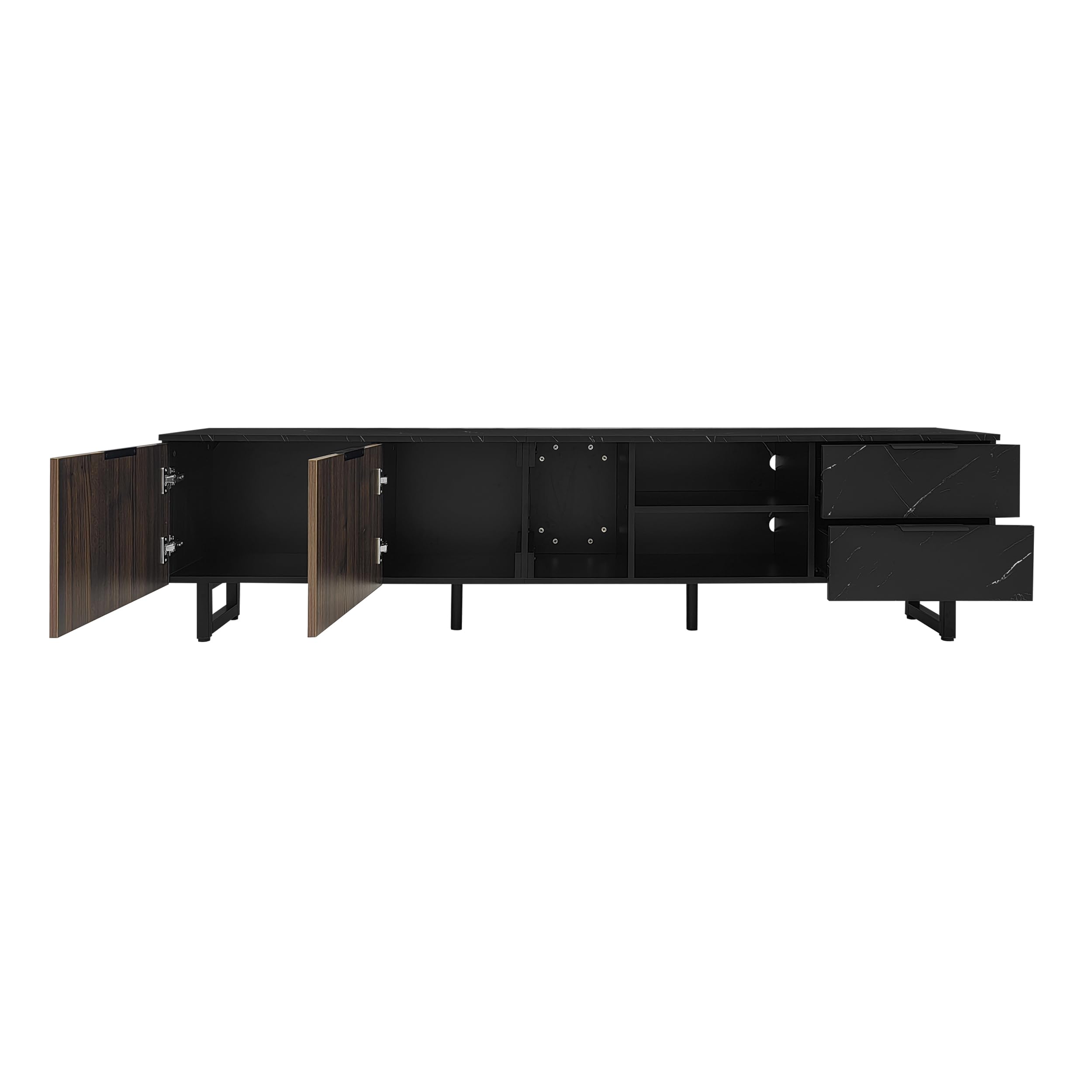 Mueble para TV con aspecto de mármol negro, puertas de vetas de madera oscura, iluminación LED ajustable, dos puertas y dos cajones, 200 x 50 x 38 cm